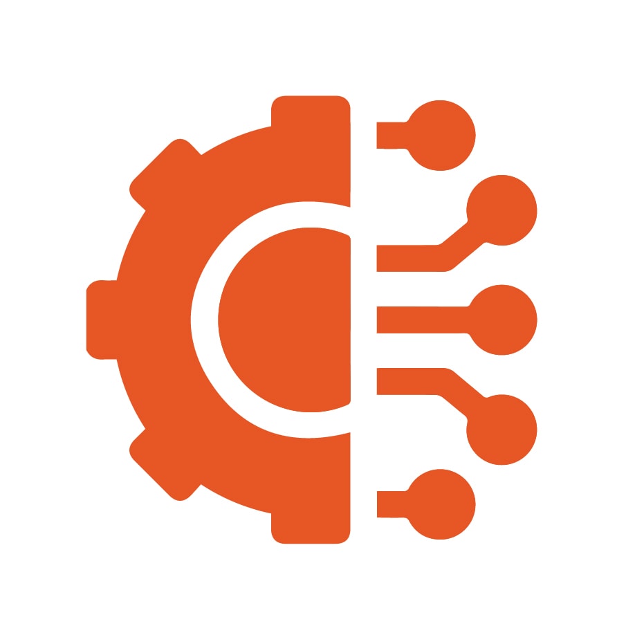 Icon of cogs and connection points for technical excellence