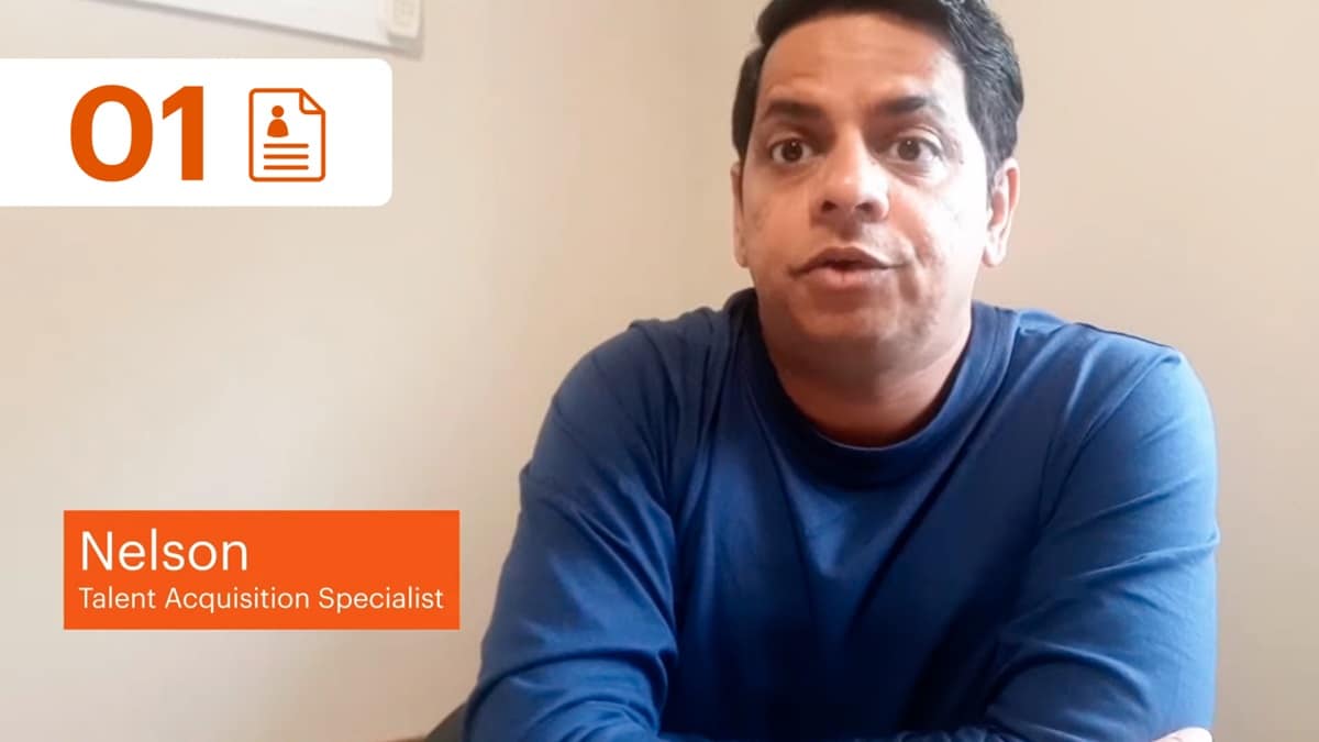 Step one recruitment process icon and Nelson, BHP Talent Acquisition Specialist pictured sitting at desk